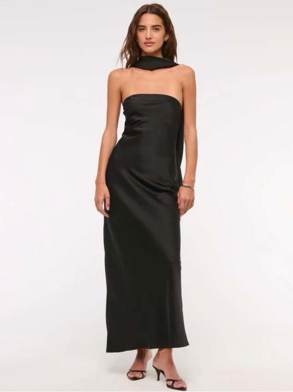 Abercrombie & Fitch Strapless Black Satin Maxi Dress with Neck Scarf
